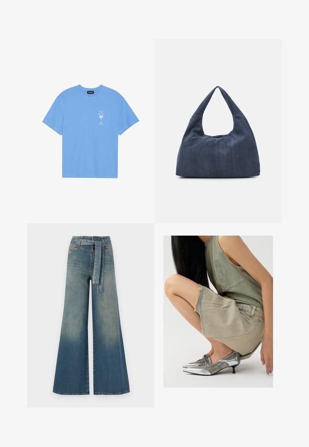 T-shirt de algodão azul claro com decote redondo. Apresenta uma gráfica branca de uma palmeira e texto na área do peito esquerdo. Mangas curtas.; Calças de ganga de perna larga com um gradiente de azul claro a escuro, cintura alta, passantes para cinto e um cinto de tecido a condizer. Acabamento em ganga texturizada.; Vagabond LYKKE - Sapatos de salto alto com atacadores - silver/greige; Mala de denim azul escuro com uma forma suave e descontraída, apresentando uma alça estilo hobo e uma superfície texturizada. Sem detalhes em metal visíveis.