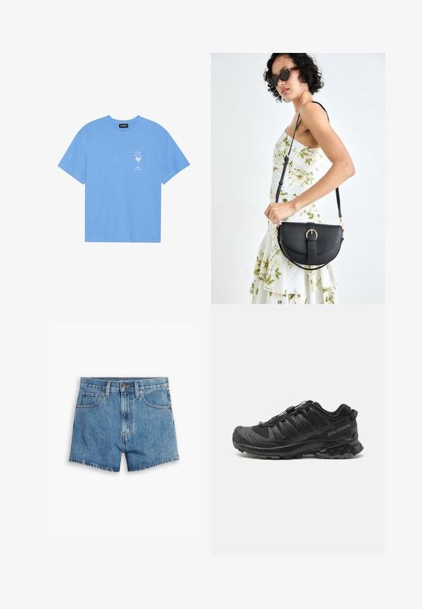 Világoskék pamut póló, lekerekített nyakkal. Az elülső bal mellrészen egy fehér pálmafát és szöveget ábrázoló grafikával rendelkezik. Rövid ujjak.; Világoskék farmer rövidnadrág, öt zsebbel, cipzáros megoldással és gombos záródással. A szegélyt megkoptatták, és laza szabású dizájn jellemzi.; Fekete terepfutó cipő textúrázott felsőrésszel, ívelt dizájnnal, biztos fűzési rendszerrel és strapabíró gumitalppal a tapadásért.; Fekete bőrtáska ívelt formával, levehető pánttal és arany színű fémrészekkel. A táskán egy csattal díszített fedél található.