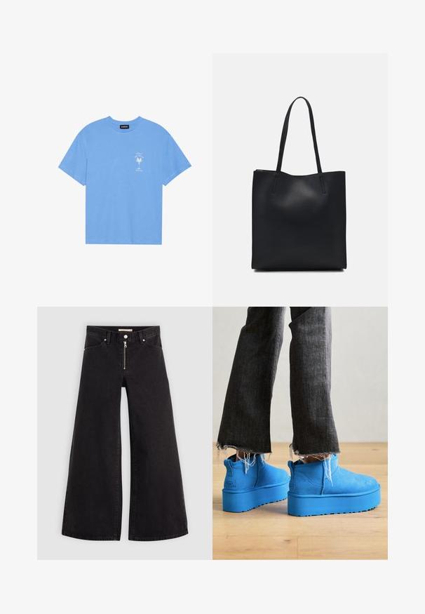 Svijetloplavi pamučni majica s okruglim izrezom. Sadrži bijelu grafiku palme i tekst na lijevoj strani prsa. Kratki rukavi.; Široke traperice od crnog denima s prednjim zatvaračem, dizajnom s pet džepova i suptilnim detaljima šivanja. Glatka tekstura i ležeran stil.; UGG CLASSIC ULTRA MINI PLATFORM - Gležnjače - big sky; Crna kožna torba za nošenje s glatkom teksturom, pravokutnim oblikom i dvije duge ručke. Nema vidljivih metalnih dijelova ili ukrasa.