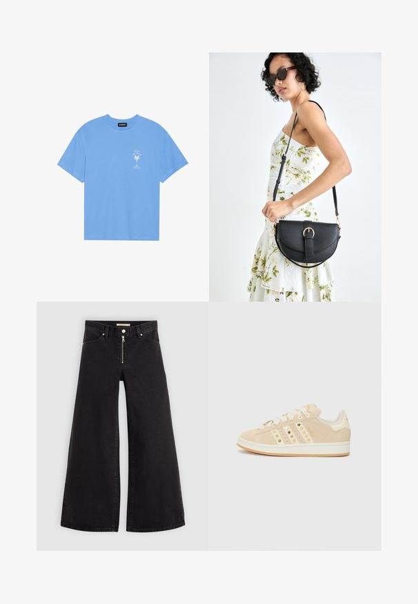 Világoskék pamut póló, lekerekített nyakkal. Az elülső bal mellrészen egy fehér pálmafát és szöveget ábrázoló grafikával rendelkezik. Rövid ujjak.; Fekete denim széles szárú farmer, cipzáros elejével, öt zsebes kialakítással és diszkrét varrással. Sima textúra és laza stílus.; adidas Originals CAMPUS 00S W - Sportcipő - sand strata/cream white/gold-coloured; Fekete bőrtáska ívelt formával, levehető pánttal és arany színű fémrészekkel. A táskán egy csattal díszített fedél található.