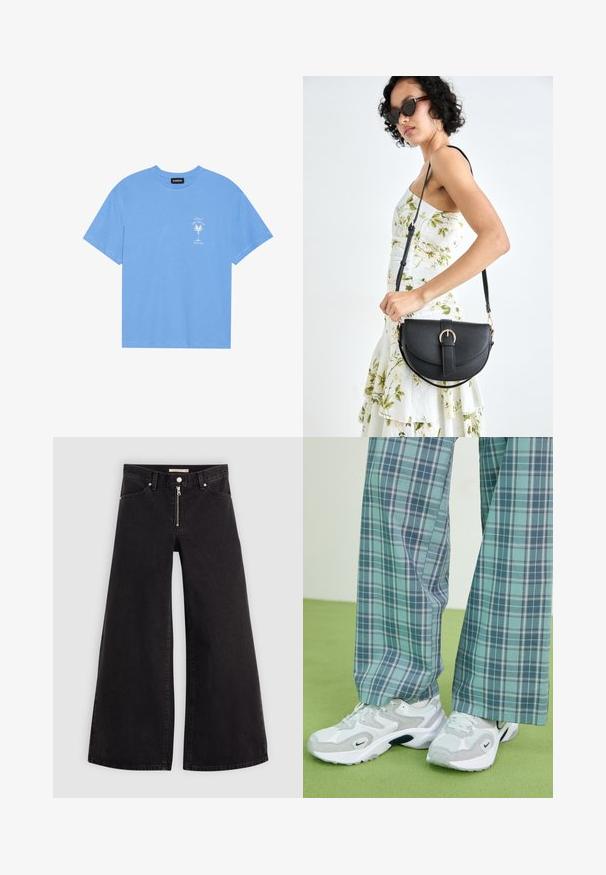 T-shirt de algodão azul claro com decote redondo. Apresenta uma gráfica branca de uma palmeira e texto na área do peito esquerdo. Mangas curtas.; Calças de ganga de perna larga em denim preto com fecho éclair à frente, design de cinco bolsos e detalhes de costura subtil. Textura suave e estilo casual.; Ténis brancos e cinzentos com um cabedal de malha texturizada e sola escura, combinados com calças largas de xadrez azul e verde.; Bolsa de couro preta com forma curva, alça destacável e detalhes em dourado. A bolsa possui uma aba com detalhe de fivela.