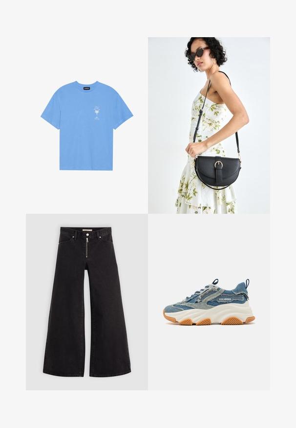 Helles, blaues Baumwoll-T-Shirt mit rundem Halsauschnitt. Verziert mit einem weißen Grafiken eines Palmenbaums und Text auf der linken Brustseite. Kurzärmlig.; Schwarze Denim-Jeans mit weitem Bein, Reißverschluss vorne, Fünf-Taschen-Design und dezenten Stickdetails. Glatte Textur und lässiger Stil.; Denim-Sneaker mit einem geschichteten blauen Design, fransigen Akzenten, einer weißen, klobigen Sohle und einer gummierten braunen Außensohle für Grip.; Schwarze Lederhandtasche mit geschwungener Form, abnehmbarem Tragegurt und goldenen Beschlägen. Die Tasche verfügt über einen Deckel mit einer Schnallen-Details.