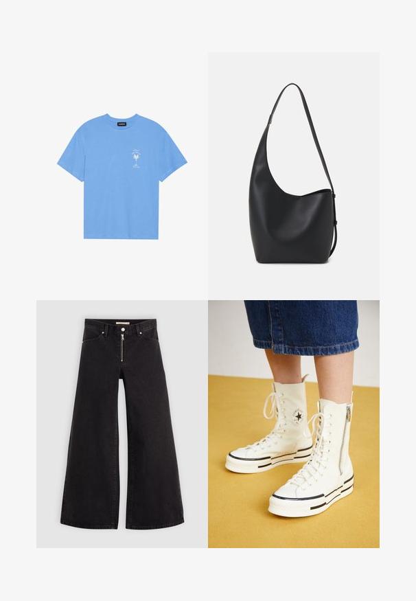 Heledad sinine puuvillane T-särk ümmarguse kaelusega. Vasakul rinnal on valge palmipuu ja tekst. Lühikesed varrukad.; Laiad teksad mustast denimist, millel on lukuga eesmine osa, viie taskuga disain ja peened õmblusdetailid. Sile tekstuur ja juhuslik stiil.; Valged kõrge säärega tossud, millel on lukuga sulgemine, paelad ja mustad triibud paksul tallal. Tekstureeritud kangast materjal.; Mustast nahast hobo kott, millel on sile tekstuur, kumer kuju ja üks reguleeritav rihm; peal on lai avaus.