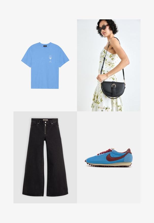 Light blue cotton t-shirt with a round neckline. Features a white graphic of a palm tree and text on the left chest area. Short sleeves.; Wide-leg jeans in black denim with a zippered front, five-pocket design, and subtle stitching details. Smooth texture and casual style.; Blue mesh and suede sneaker with maroon accents and laces. Features a textured upper and a cream rubber sole with small studs.; Black leather handbag with a curved shape, detachable strap, and gold hardware. The bag features a flap with a buckle detail.