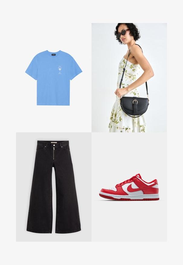 T-shirt de algodão azul claro com decote redondo. Apresenta uma gráfica branca de uma palmeira e texto na área do peito esquerdo. Mangas curtas.; Calças de ganga de perna larga em denim preto com fecho éclair à frente, design de cinco bolsos e detalhes de costura subtil. Textura suave e estilo casual.; Sapatilhas Nike vermelhas e brancas com parte superior em couro, biqueira perfurada, atacadores planos e sola de borracha com um padrão no solado.; Bolsa de couro preta com forma curva, alça destacável e detalhes em dourado. A bolsa possui uma aba com detalhe de fivela.