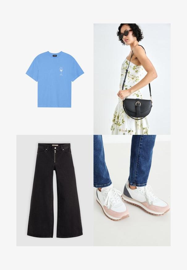 Světle modré bavlněné tričko s kulatým výstřihem. Na levé části hrudi je bílý grafický motiv palmy a text. Krátké rukávy.; Džíny s širokými nohavicemi v černém denimovém provedení se zipem vpředu, pěti kapsami a jemnými švy. Hladká textura a ležérní styl.; Bílé a světle růžové tenisky s šedými akcenty, se svrškem z semiše a síťoviny, gumovou podrážkou a kulatými tkaničkami.; Černá kožená kabelka s křivkovým tvarem, odnímatelným popruhem a zlatými detaily. Kabelka má klopu s přezkou.