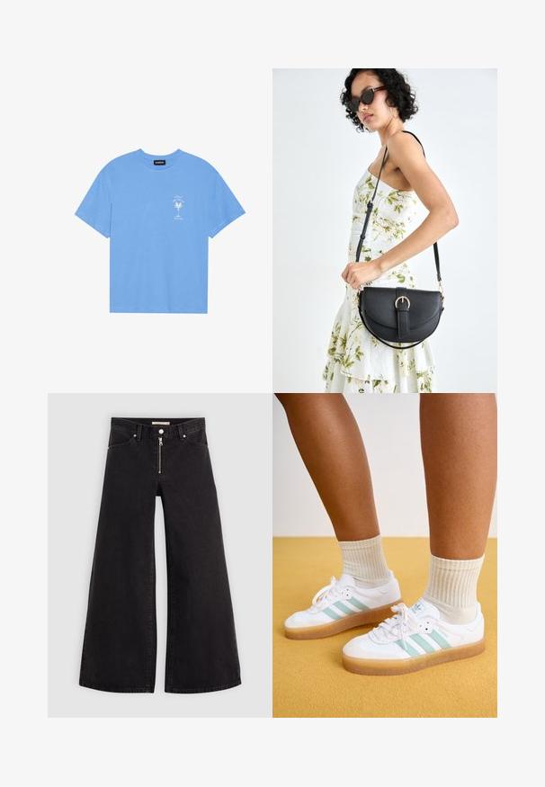 Svijetloplavi pamučni majica s okruglim izrezom. Sadrži bijelu grafiku palme i tekst na lijevoj strani prsa. Kratki rukavi.; Široke traperice od crnog denima s prednjim zatvaračem, dizajnom s pet džepova i suptilnim detaljima šivanja. Glatka tekstura i ležeran stil.; Bijele tenisice s mint zelenim prugama, gumeni potplat i vezice, uparene s rebrastim kremastim čarapama. Postavljene na žutu pozadinu.; Crna kožna torba s lukovitim oblikom, odvojivim remenom i zlatnim detaljima. Torba ima preklop s kopčom.