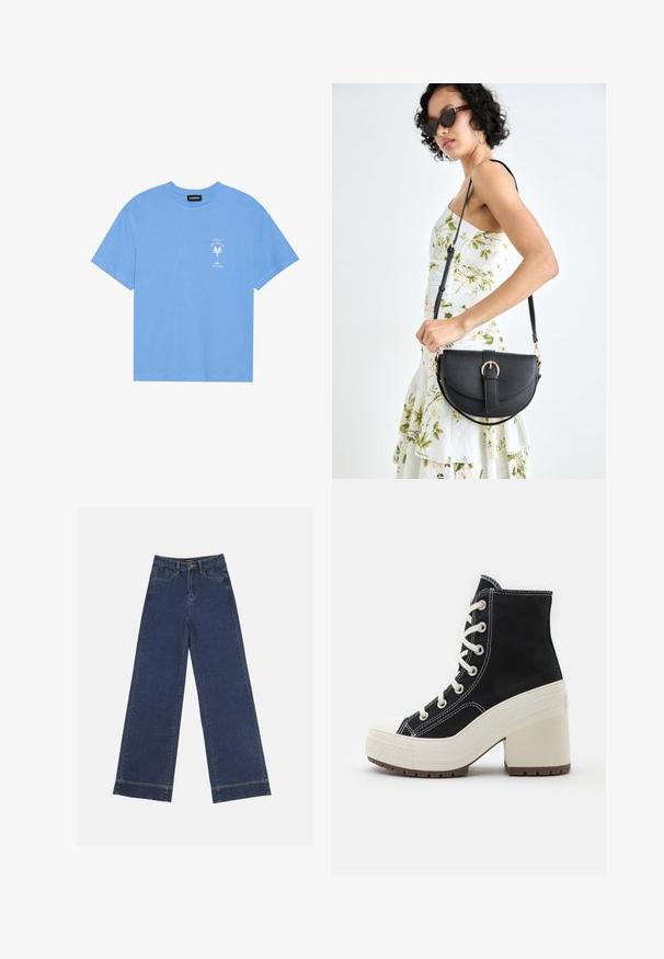 Light blue cotton t-shirt with a round neckline. Features a white graphic of a palm tree and text on the left chest area. Short sleeves.; Wide-leg jeans in dark blue denim. Features five pockets, belt loops, and a raw hem at the bottom with visible stitching details.; Black high-top boot with white laces, textured fabric, cream platform sole, and block heel. Features white stitching and rubber toe cap.; Black leather handbag with a curved shape, detachable strap, and gold hardware. The bag features a flap with a buckle detail.