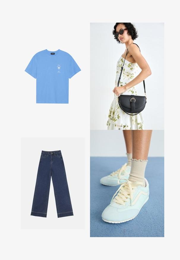 T-shirt en coton bleu clair avec un col rond. Présente un graphique blanc d'un palmier et un texte sur la zone supérieure gauche de la poitrine. Manches courtes.; Jeans à jambes larges en denim bleu foncé. Comprend cinq poches, des passants de ceinture et un ourlet brut en bas avec des détails de couture visibles.; Baskets en daim bleu clair avec des lacets et des accents crème, présentant une surface texturée et une semelle en caoutchouc blanche. Chaussettes beige froncées visibles.; Sac à main en cuir noir avec une forme courbée, bandoulière amovible et des accessoires en or. Le sac est doté d'un rabat avec un détail de boucle.