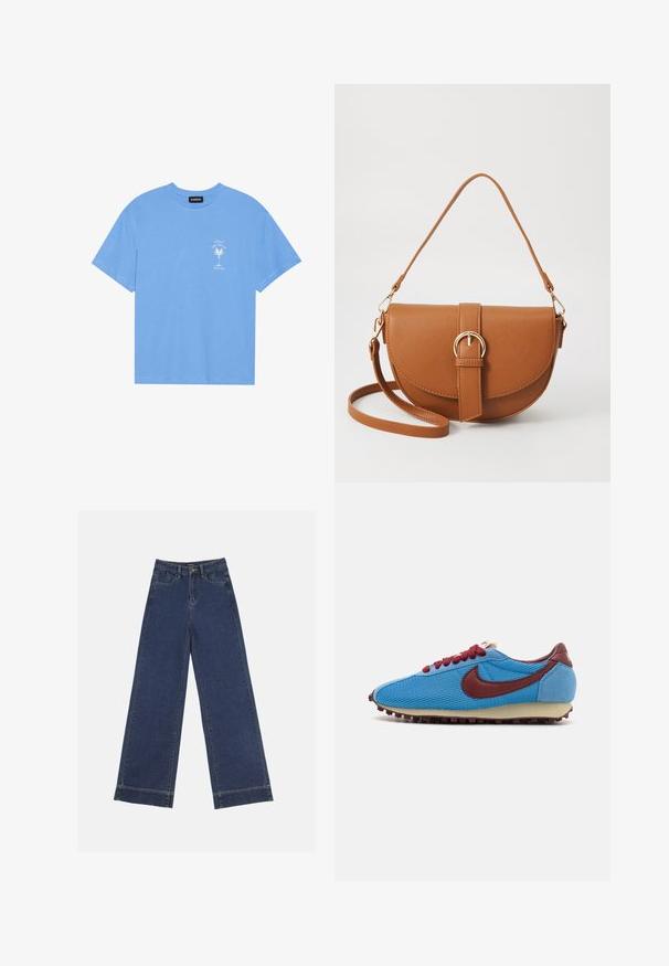 Lys blå bomull t-skjorte med rund hals. Har et hvitt grafisk motiv av et palmetre og tekst på venstre brystområde. Korte ermer.; Videbenede dressbukser i mørkeblå denim. Har fem lommer, beltestropper og en rå kant i bunden med synlige stikninger.; Blå mesh- og semsket sneakers med bordeaux aksenter og snørebånd. Har en teksturert overdel og en kremfarget gummisåle med små nagler.; Brun lærcrossbody-veske med en buet form, gullhardware og et spenneakcent. Har en avtakbar skulderreim.
