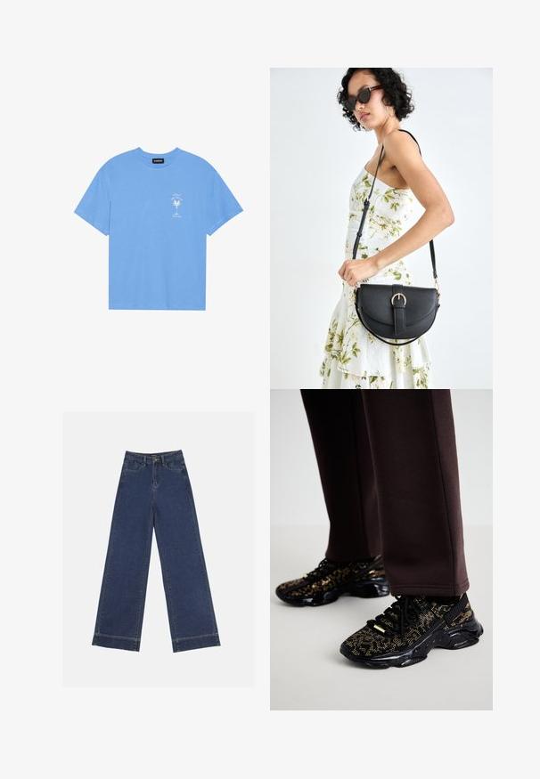 Svetlo modré bavlnené tričko s okrúhlym výstrihom. Na ľavej strane hrude sa nachádza biely grafický motív palmy a text. Krátke rukávy.; Džínsy s širokými nohavicami v tmavomodrom denime. Majú päť vreciek, pútka na opasok a surový spodný lem s viditeľnými švy.; Čierne tenisky s kultivovanými zlatými bodkami, textúrovaný povrch a masívna čierna podrážka. Skombinované s hnedými teplákmi, ktoré majú priliehavý dizajn.; Čierna kožená kabelka s zaobleným tvarom, odnímateľným popruhom a zlatými doplnkami. Kabelka má klopu s detailom s prackou.