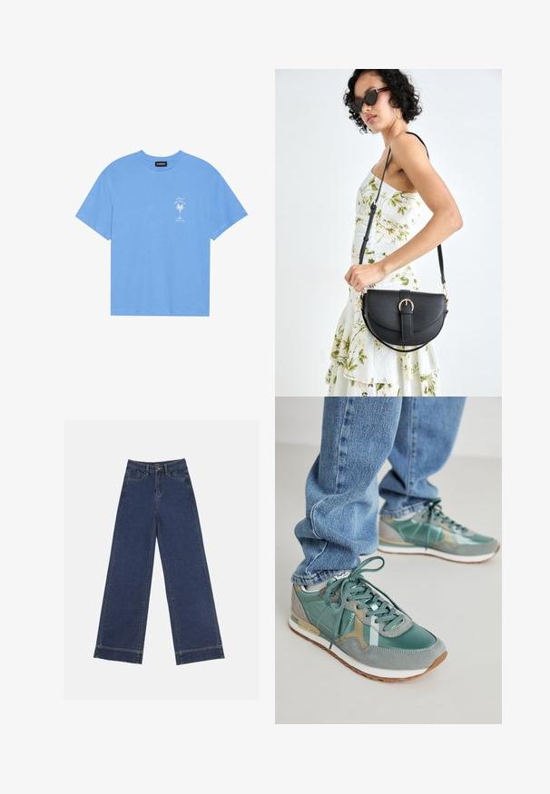 Tricou din bumbac de culoare albastru deschis, cu guler rotund. Prezintă o grafică albă a unei palmieri și text în zona stângă a pieptului. Mâneci scurte.; Jeans evazați din denim albastru închis. Au cinci buzunare, bucle pentru curea și o margine brută la baza, cu detalii de coasere vizibile.; Tenisi verzi dintr-un amestec de piele și suede, cu un finisaj texturat, șireturi și o talpă intermediară albă. Purtați cu blugi albaștri.; Geantă din piele neagră, cu o formă curbată, curea detașabilă și accesorii aurii. Geanta are un capac cu un detaliu tip cataramă.