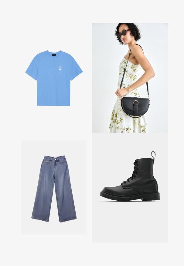 Camiseta de algodón de color azul claro con escote redondo. Presenta un gráfico en blanco de una palmera y texto en la parte izquierda del pecho. Mangas cortas.; Jeans de mezclilla de pierna ancha en un lavado azul claro, con una cintura alta, bolsillos frontales y un cierre de botón con trabillas para el cinturón.; Botín de combate de cuero negro con punta redonda, parte delantera con cordones y una lengüeta en el tobillo. Presenta una suela de goma gruesa para mayor durabilidad.; Bolso de piel negra con forma curva, correa desmontable y herrajes dorados. El bolso cuenta con una solapa con un detalle de hebilla.