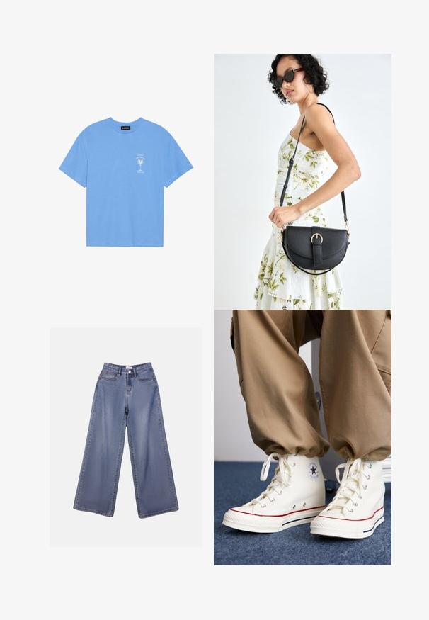 Lys blå bomull t-skjorte med rund hals. Har et hvitt grafisk motiv av et palmetre og tekst på venstre brystområde. Korte ermer.; Bredde ben jeans i lys blå vask, med høy livhøyde, frontlommer og knappelukking med beltehemper.; Hvite høyhælte joggesko laget av lerret med gummisåle, med en svart stjerne-logo og røde og marineblå stripeakenter.; Svart lærveske med en buet form, avtagbar stropp og gullbeslag. Vesken har et klaff med spenne-detall.