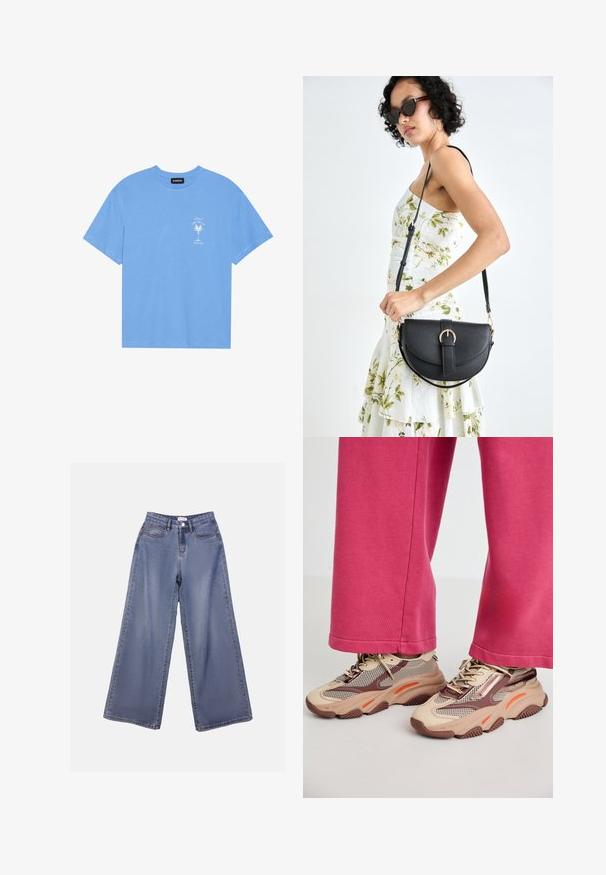 Helles, blaues Baumwoll-T-Shirt mit rundem Halsauschnitt. Verziert mit einem weißen Grafiken eines Palmenbaums und Text auf der linken Brustseite. Kurzärmlig.; Weite Denim-Jeans in einer hellblauen Wäsche, mit hoher Taille, Fronttaschen und einem Knopfverschluss mit Gürtelschlaufen.; Chunky beigen Sneakers mit Mesh und braunen Akzenten, die orangefarbene Highlights und eine strukturierte Sohle aufweisen. Getragen mit pinken Hosen, die einen lässigen Look zur Schau stellen.; Schwarze Lederhandtasche mit geschwungener Form, abnehmbarem Tragegurt und goldenen Beschlägen. Die Tasche verfügt über einen Deckel mit einer Schnallen-Details.