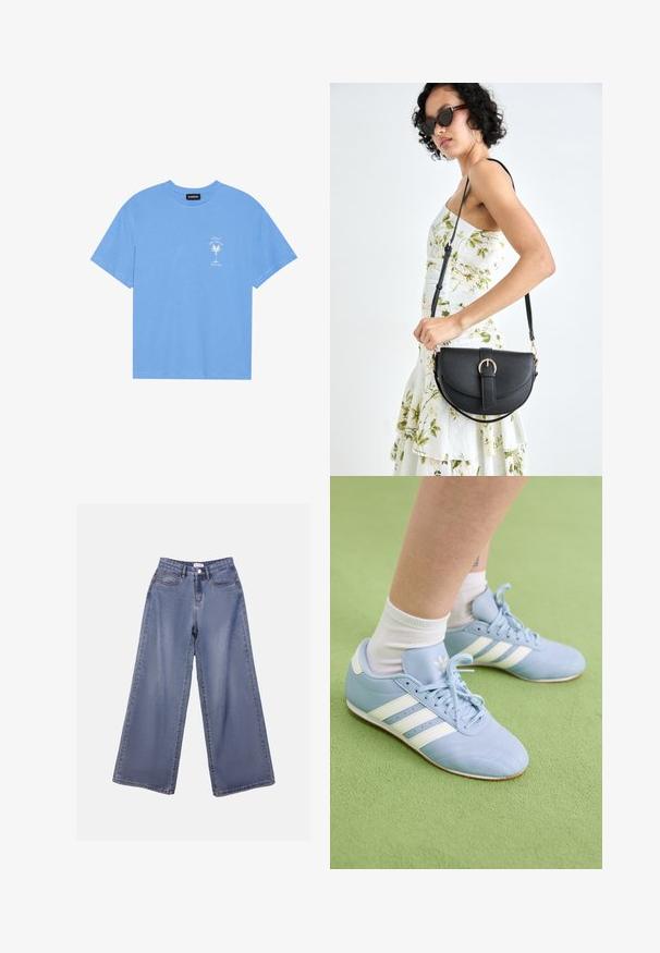 Lys blå bomull t-skjorte med rund hals. Har et hvitt grafisk motiv av et palmetre og tekst på venstre brystområde. Korte ermer.; Bredde ben jeans i lys blå vask, med høy livhøyde, frontlommer og knappelukking med beltehemper.; Lyseblå treningesko med hvite striper og merke. Har teksturert lær, snøring og gummisåle. Brukt med hvite sokker.; Svart lærveske med en buet form, avtagbar stropp og gullbeslag. Vesken har et klaff med spenne-detall.