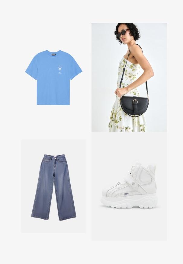 Lys blå bomull t-skjorte med rund hals. Har et hvitt grafisk motiv av et palmetre og tekst på venstre brystområde. Korte ermer.; Bredde ben jeans i lys blå vask, med høy livhøyde, frontlommer og knappelukking med beltehemper.; Hvite høyhælte sneakers laget av lær, med en spenne stropp, rund tå, tykk såle og vertikale søm detaljer.; Svart lærveske med en buet form, avtagbar stropp og gullbeslag. Vesken har et klaff med spenne-detall.