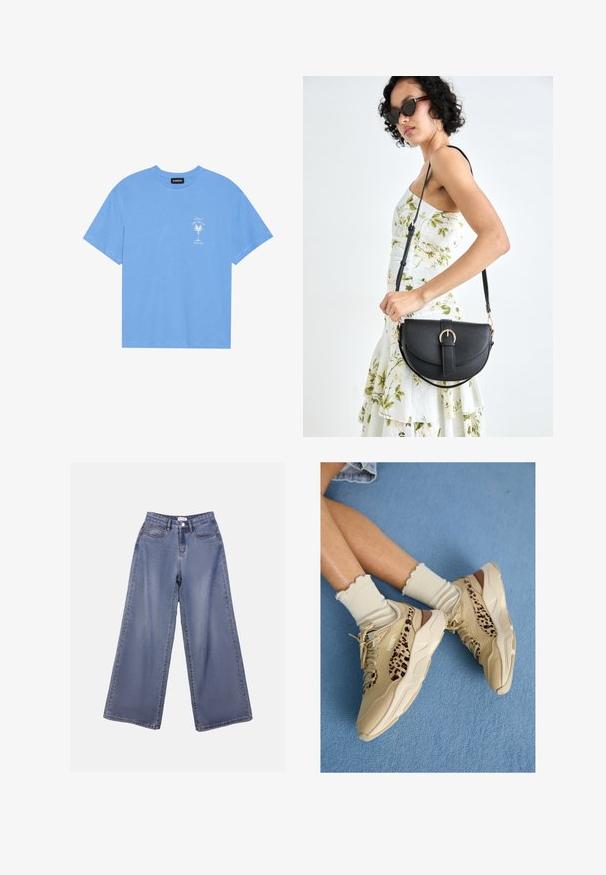 T-shirt de algodão azul claro com decote redondo. Apresenta uma gráfica branca de uma palmeira e texto na área do peito esquerdo. Mangas curtas.; Calças de ganga de perna larga numa lavagem azul clara, com uma cintura alta, bolsos frontais e fecho de botão com passadores para cinto.; Pernas cruzadas usando ténis bege da Puma com riscas de padrão de leopardo e meias creme com folhos num chão coberto de carpete azul.; Bolsa de couro preta com forma curva, alça destacável e detalhes em dourado. A bolsa possui uma aba com detalhe de fivela.