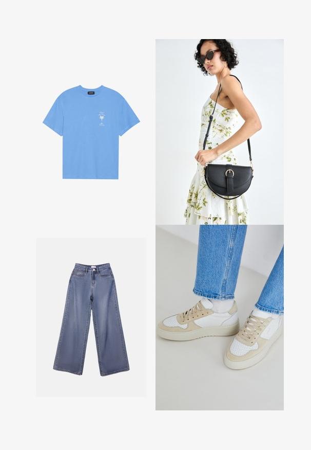 Light blue cotton t-shirt with a round neckline. Features a white graphic of a palm tree and text on the left chest area. Short sleeves.; Wide-leg denim jeans in a light blue wash, featuring a high waist, front pockets, and a button closure with belt loops.; White and beige sneakers with perforated detailing, a smooth leather upper, and a thick rubber sole. Pairing with light blue jeans.; Black leather handbag with a curved shape, detachable strap, and gold hardware. The bag features a flap with a buckle detail.