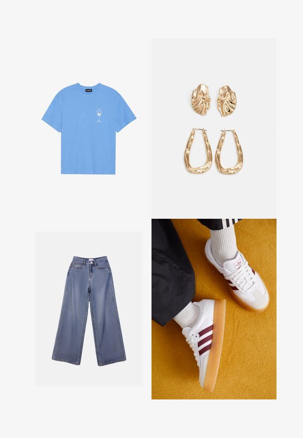 Helles, blaues Baumwoll-T-Shirt mit rundem Halsauschnitt. Verziert mit einem weißen Grafiken eines Palmenbaums und Text auf der linken Brustseite. Kurzärmlig.; Weite Denim-Jeans in einer hellblauen Wäsche, mit hoher Taille, Fronttaschen und einem Knopfverschluss mit Gürtelschlaufen.; Weiße Sportschuhe mit bordeauxroten Streifen, Wildlederakzenten und einer durchsichtigen Gummisohle, kombiniert mit hellgrauen gerippten Socken vor einem strukturierten orangefarbenen Hintergrund.; Ohrringe in Goldoptik mit strukturierten, gewellten Formen. Beinhaltet skulpturale Clip-Ohrringe und ein offenes Hoop-Design mit gehämmertem Finish.
