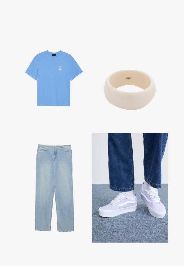 Šviesiai mėlyna medvilninė marškinėliai su apvaliu iškirpimu. Kairėje krūtinės pusėje pavaizduotas baltas palmės medžio grafikas ir tekstas. Trumpomis rankovėmis.; Šviesiai mėlyni džinsai su tiesiu kirpimu, turintys aukštą liemenį, penkis kišenes ir suplėšytus kraštus.; Šviesiai violetinės zomšinės sportinės bateliai su baltomis detalėmis, plokščiais raišteliais ir storesne balta padu, dėvimi su šviesiomis kojinėmis ir laisvais džinsiniais kelnais.; Blizgus kreminis apyrankė, pagaminta iš lygaus dervos. Apvalus forma su vienodai lygia paviršiaus ir mažas auksinis logotipas viduje.