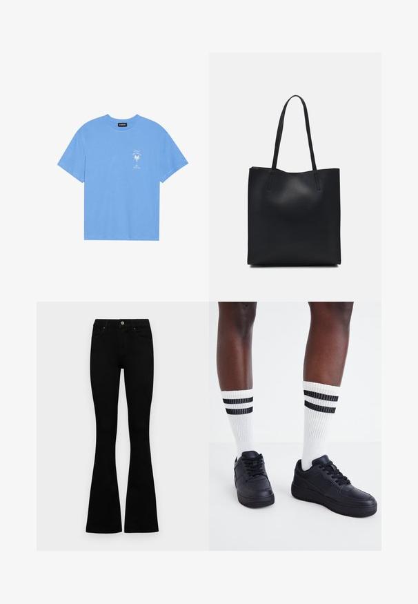 T-shirt di cotone blu chiaro con scollatura rotonda. Presenta una grafica bianca di una palma e testo sull'area sinistra del petto. Maniche corte.; Jeans neri a vita alta con chiusura a bottoni e zip, tasche frontali e gambali svasati, distesi su uno sfondo bianco.; Sneakers in pelle nera con una finitura testurizzata, abbinate a calzini bianchi a coste con strisce nere vicino alla parte superiore.; Borsa tote in pelle nera con texture liscia, forma rettangolare e due manici lunghi. Nessun hardware o decorazione visibile.