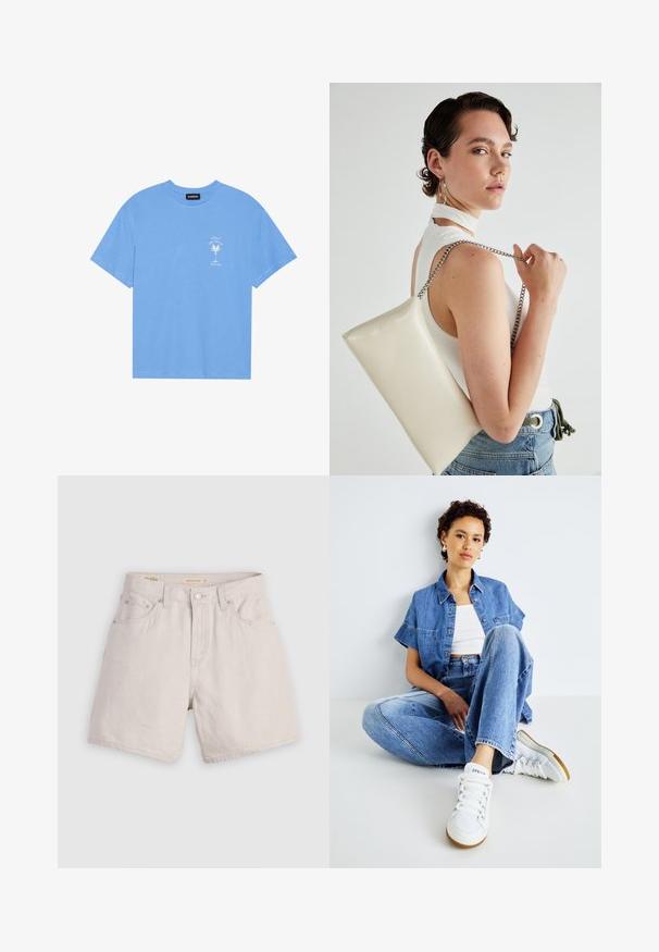 T-shirt di cotone blu chiaro con scollatura rotonda. Presenta una grafica bianca di una palma e testo sull'area sinistra del petto. Maniche corte.; Shorts in denim beige a vita alta con chiusura a bottoni, passanti per cintura e design a cinque tasche; leggeri e con una texture liscia.; Completo in denim a due pezzi composto da una camicia cropped blu chiaro con maniche corte e jeans a vita alta. Abbinato a sneakers bianche.; Borsa a pochette rettangolare bianca realizzata in materiale lucido, con una tracolla in catena argentata. Il modello posa, mostrando la borsa su uno sfondo semplice.