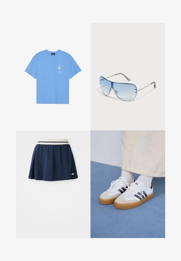 Světle modré bavlněné tričko s kulatým výstřihem. Na levé části hrudi je bílý grafický motiv palmy a text. Krátké rukávy.; Námořnická modrá sukně vyrobená z měkké látky s bílým elastickým pasem, která má dva námořnické pruhy a malé logo na dolním lemu.; Bílé tenisky s černými pruhy a béžovými semišovými akcenty. Mají texturovanou gumovou podrážku a ploché bílé tkaničky, nošeny s světlými ponožkami.; Pilotské sluneční brýle s modrými gradientními skly, stříbrným kovovým rámem a dekorativními hvězdnými akcenty na sklech. Hladký a elegantní design.