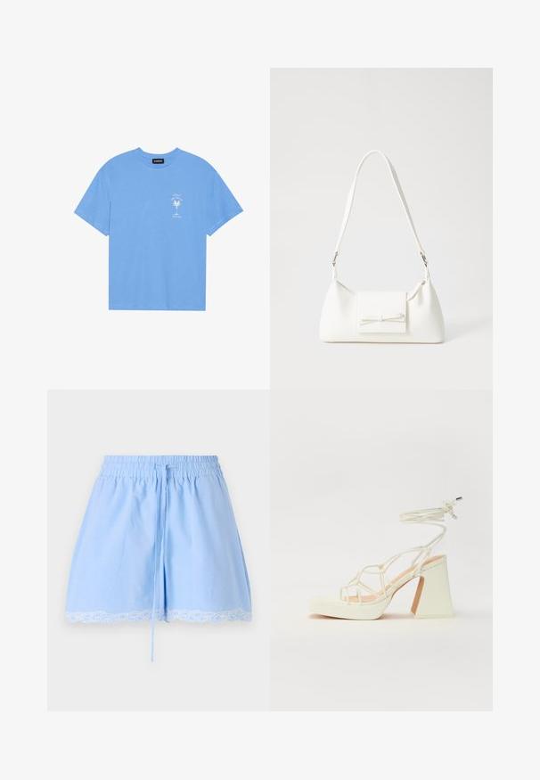 Light blue cotton t-shirt with a round neckline. Features a white graphic of a palm tree and text on the left chest area. Short sleeves.; Light blue cotton shorts featuring a smocked waistband, drawstring detail, and white lace trim at the hem. Soft texture and relaxed fit.; White high-heeled sandal with a chunky heel, featuring a strappy design and ankle tie. Smooth texture with a platform front for added height.; White synthetic handbag with a triangular shape, flat front flap and bow detail, adjustable strap, smooth texture, and minimalistic design.