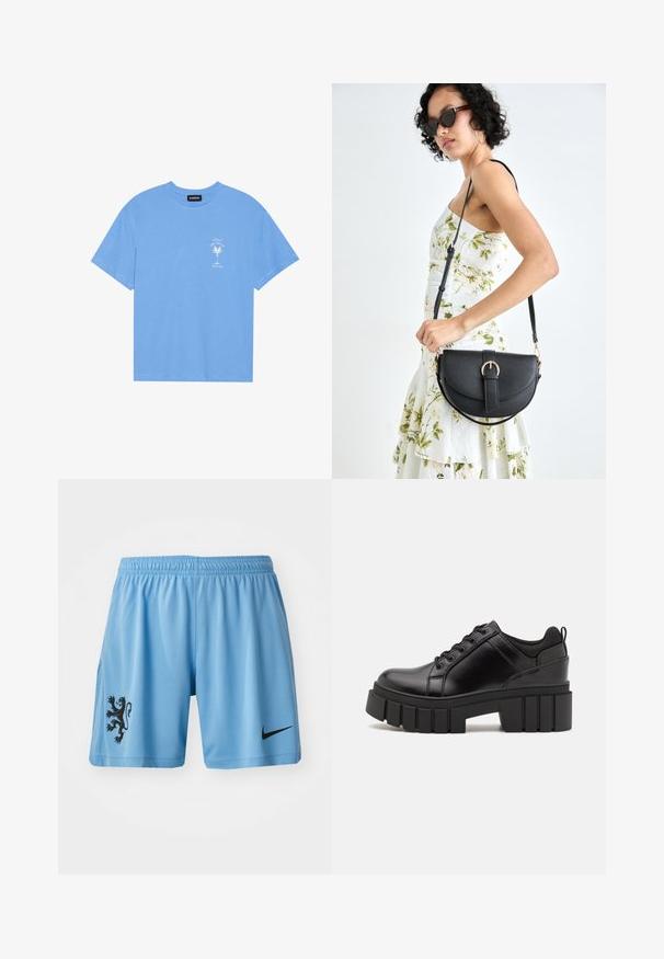 Svijetloplavi pamučni majica s okruglim izrezom. Sadrži bijelu grafiku palme i tekst na lijevoj strani prsa. Kratki rukavi.; Svijetloplave sportske kratke hlače od prozračnog materijala, s crnim grbom lava na lijevoj nozi i crnim Nike logom na desnoj.; Crne kožne platforme s debelim blok-peta, okruglim prstima i klasičnim dizajnom vezanja. Imaju gladak tekstur i minimalne detalje.; Crna kožna torba s lukovitim oblikom, odvojivim remenom i zlatnim detaljima. Torba ima preklop s kopčom.
