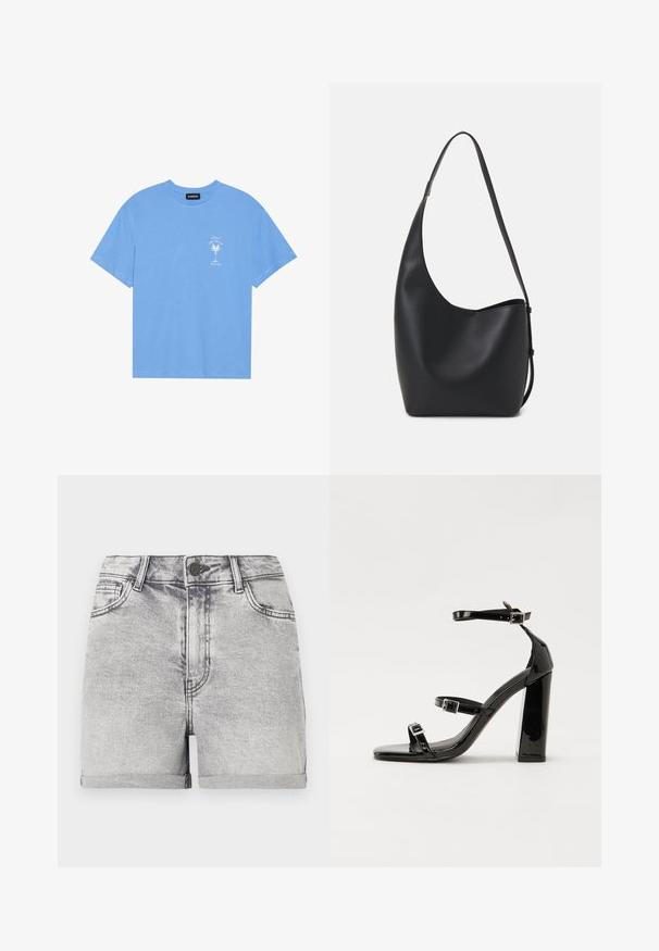 Jasnoniebieska bawełniana koszulka z okrągłym dekoltem. Ma białą grafikę z palmą oraz tekst na lewej stronie klatki piersiowej. Krótkie rękawy.; Szare dżinsowe szorty z podwiniętymi brzegami, pięcioma kieszeniami i centralnym zapięciem na guzik. Gładka tekstura z delikatnymi efektami blaknięcia.; Czarne lakierowane sandały na obcasie z kwadratowym noskiem, z paskami wokół kostki i srebrnymi klamrami. Posiadają masywny słupek dla stabilności.; Czarna skórzana torba hobo o gładkiej fakturze, zaokrąglonym kształcie i pojedynczym, regulowanym pasku; posiada szerokie otwarcie na górze.