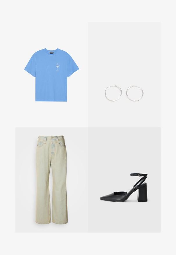 Šviesiai mėlyna medvilninė marškinėliai su apvaliu iškirpimu. Kairėje krūtinės pusėje pavaizduotas baltas palmės medžio grafikas ir tekstas. Trumpomis rankovėmis.; Šviesiai mėlynos plataus kirpimo džinsai, pagaminti iš džinsinio audinio, su aukštu liemeniu, penkiomis kišenėmis ir subtiliu blukimu su kontrastingomis siūlėmis.; Juoda odinė smailiagalė aukštakulnio bateliai su kulkšnies dirželiu ir storu kulnu. Lygus paviršius, elegantiškas dizainas ir minimalistiška estetinė. ; Sidabrinės auskarai žiedai su sėslia, apvalia forma, pasižymintys lygia paviršiumi ir be matomų puošmenų. Svoris nenurodytas.