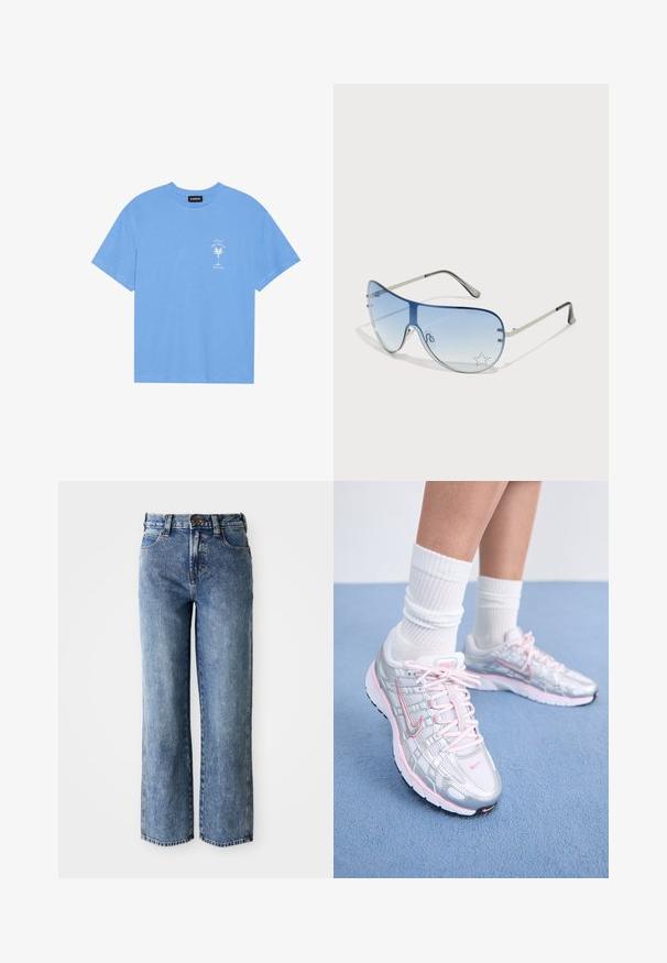Heledad sinine puuvillane T-särk ümmarguse kaelusega. Vasakul rinnal on valge palmipuu ja tekst. Lühikesed varrukad.; Kõrge vöökohaga sirged sinised teksad, millel on ees taskud, vöökoharihmad ja nupp.; Nike jooksujalad, millel on hõbedane võrgupealne koos roosade detailidega, valged paelad ja tekstureeritud tald. Kandmine valgete puuvillaste spordisokkidega.; Aviatori prillid, millel on gradient sinine objektiiv, hõbedane metallraam ja dekoratiivsed staaraktsendid objektiivil. Sujuv ja stiilne disain.