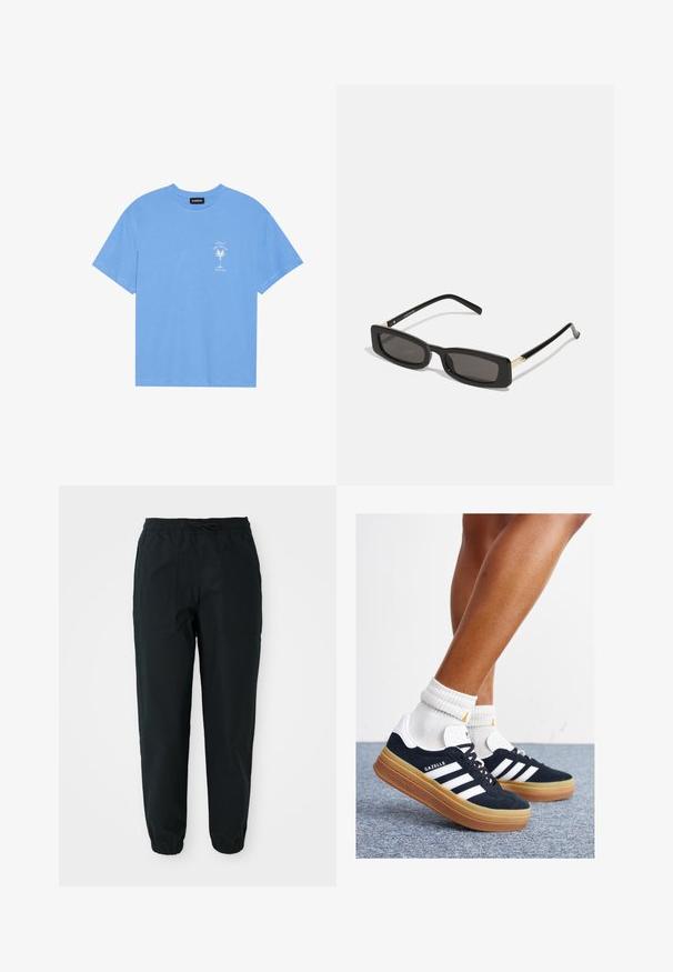 Svijetloplavi pamučni majica s okruglim izrezom. Sadrži bijelu grafiku palme i tekst na lijevoj strani prsa. Kratki rukavi.; Crne tapered hlače izrađene od glatkog materijala, s elastičnim pojasom, vezicom i bočnim džepovima. Elastične manžetne na gležnjevima.; Crne tenisice od brušene kože s bijelim prugama i detaljima, okruglim vrhom, gumeni potplat boje gume, uparene s bijelim rebrastim čarapama.; Crne pravokutne sunčane naočale s tamnim lećama, sjajnim plastičnim okvirom i zlatnim akcentima na sljepoočnicama. Minimalistički dizajn i elegantan oblik.