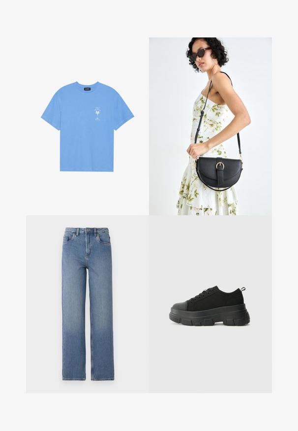 Lys blå bomull t-skjorte med rund hals. Har et hvitt grafisk motiv av et palmetre og tekst på venstre brystområde. Korte ermer.; Høytlivet blå denimjeans med rette ben. Har klassisk femlommers design og subtil fading foran.; Svarte sneakers med en kraftig gummisåle, teksturert stoffoverdel, rund tå og snøring. Har forsterkede snørehull og bakre trekkstang.; Svart lærveske med en buet form, avtagbar stropp og gullbeslag. Vesken har et klaff med spenne-detall.