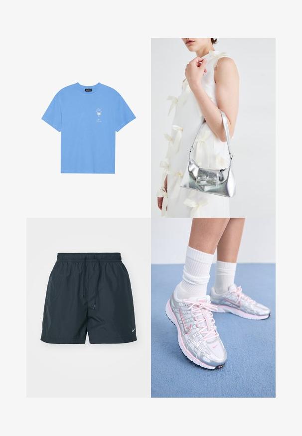 Gaiši zila kokvilnas T-kreklu ar apaļu apkakli. Kreklam ir balta grafika ar palmu un tekstu kreisajā krūtīs. Īsas piedurknes.; Zili zilņi ar elastīgu jostu, savilcēju un sānu kabatām. Zemākajā kreisajā kājā ir Nike logo baltā krāsā. Viegls materiāls.; Nike skriešanas apavi ar sudraba pārklājumu, rozā akcentiem, baltām šņorēm un fakturētu zoli. Valkāti ar baltām kokvilnas sporta zeķēm.; Sudraba metāla rokassoma ar struktūru formu, aprīkota ar augšējo rokturi un priekšpusē esošu loku. Gluda tekstūra, atstarojoša virsma.