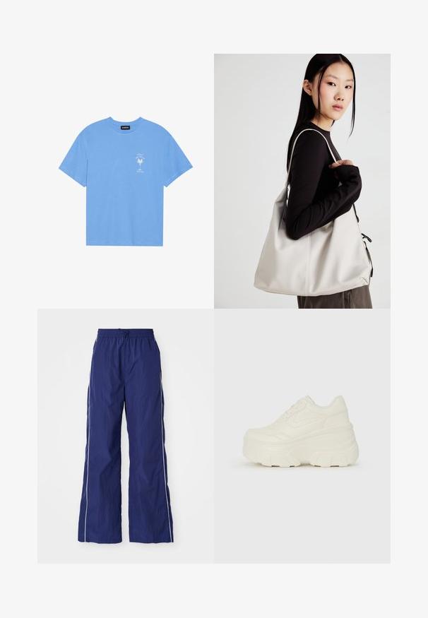 Heledad sinine puuvillane T-särk ümmarguse kaelusega. Vasakul rinnal on valge palmipuu ja tekst. Lühikesed varrukad.; Tumesinine, kerge, laiade jalgadega püksid elastse vöö ja nööridega, millel on valged külgtriibud ja kortsus tekstuur.; Valged platvormi tõusukingad, millel on siledast nahast meenutav pealis, ümar kuju, pehmendatud kaelus ja tekstureeritud kummitald koos selgete hüdrofoobsete mustritega.; Bež käekott pehme materjali, millel on lõtv disain, õmblustega detailid ja kaks õlarihma. Sobib igapäevaseks kasutamiseks.