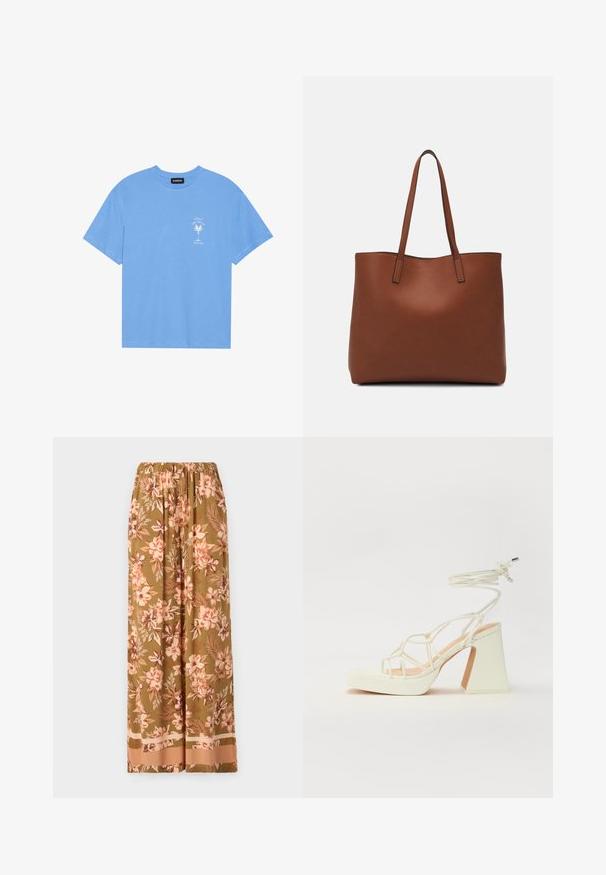 T-shirt en coton bleu clair avec un col rond. Présente un graphique blanc d'un palmier et un texte sur la zone supérieure gauche de la poitrine. Manches courtes.; Pantalons larges à fleurs en vert olive avec des motifs de fleurs roses et crème. Présentent une taille élastique et un ourlet contrasté.; Sandale blanche à talons hauts avec un talon épais, présentant un design à lanières et un lien autour de la cheville. Texture lisse avec une plateforme à l'avant pour une hauteur supplémentaire.; Sac fourre-tout en cuir marron avec une texture lisse, design à ouverture supérieure et deux poignées pour le porter à l'épaule. Présente des coutures minimales et aucun matériel visible.