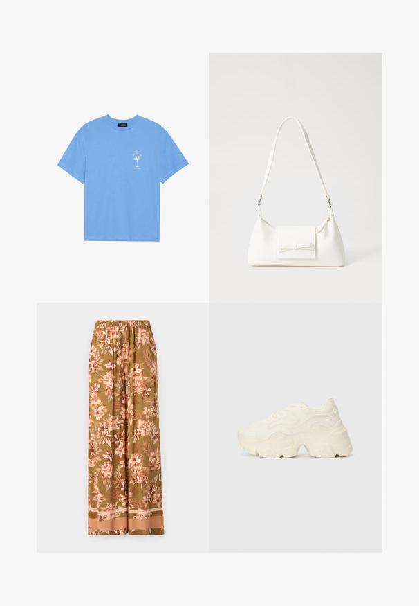 T-shirt de algodão azul claro com decote redondo. Apresenta uma gráfica branca de uma palmeira e texto na área do peito esquerdo. Mangas curtas.; Calças largas florais em verde-oliva com padrões de flores em rosa e creme. Apresentam uma cinta elástica e uma bainha contrastante.; Sapatilhas brancas chunky feitas de malha texturizada e materiais sintéticos, apresentando uma sola espessa e detalhes de padrão intrincados ao longo dos lados.; Mala sintética branca com formato triangular, aba frontal plana e detalhe de laço, alça ajustável, textura suave e design minimalista.