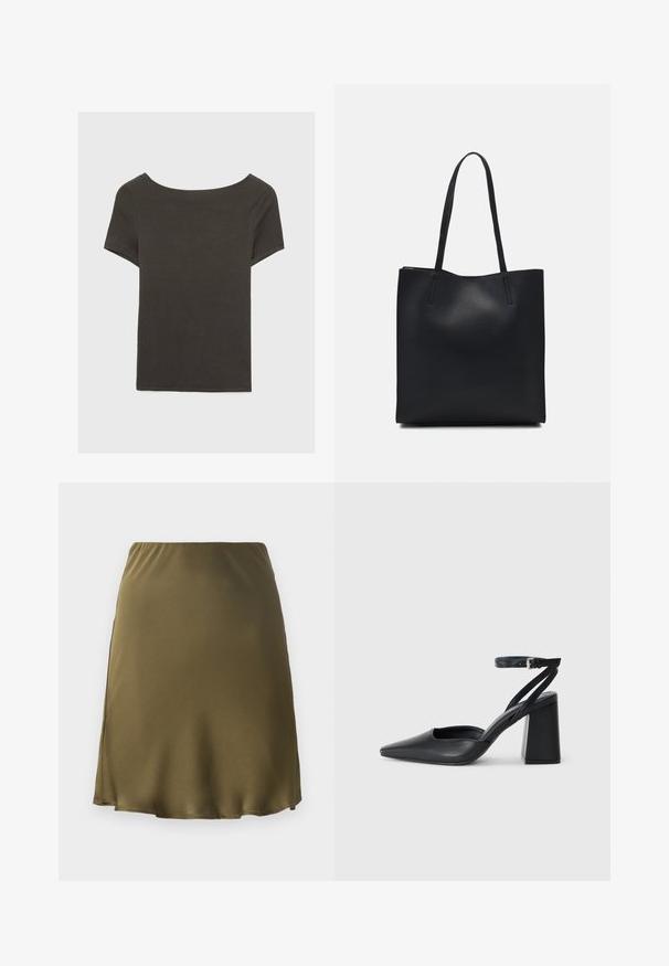 Temno siva kratka majica s čolnasto izrezom. Narejena iz rebraste tkanine, ki ima sproščen kroj in čist rob. Preprost dizajn, brez vzorcev.; Olivnozeleni satenski krilo z elastičnim pasom, razširjenim krojem in stranskim razporkom. Gladka tekstura in dolžina do kolen.; Črne usnjene klasične čevlje z ostrim nosom, z zaponko za gleženj in debelim peto. Ravna tekstura, eleganten dizajn in minimalistična estetika.; Črna usnjena torba s svilnato teksturo, pravokotne oblike in dvema dolgima ročajema. Brez vidnih metalnih delov ali okrasnih elementov.