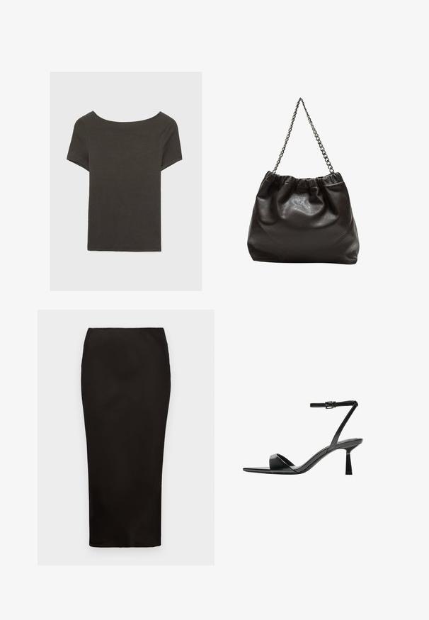 Temno siva kratka majica s čolnasto izrezom. Narejena iz rebraste tkanine, ki ima sproščen kroj in čist rob. Preprost dizajn, brez vzorcev.; Črna, krila do kolen v stilu svinčnika, izdelana iz gladkega blaga z elastičnim pasom, z enostavnim, minimalističnim dizajnom in brez vidnih kovinskih delov.; Bershka Sandali z visoko peto - black; Rjava usnjena torba z nabranim vrhom in verižnim trakom. Gladka tekstura z sijajno površino in subtilnimi šivi na straneh.