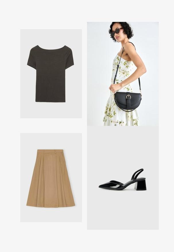 Temno siva kratka majica s čolnasto izrezom. Narejena iz rebraste tkanine, ki ima sproščen kroj in čist rob. Preprost dizajn, brez vzorcev.; Krilo do kolen, nabrano iz svetlo rjave bombažne tkanine, ki ima prilegajoč pas z zunanjimi zankami in ravno obrobo.; Črne lakirane slingback pete s koničastim nosom in geometrijsko blokasto peto. Imajo eleganten, minimalističen dizajn in gladko teksturo.; Črna usnjena torbica s ukrivljeno obliko, z odstranljivo naramnico in zlatimi dodatki. Torbica ima pokrov s podrobnostmi v obliki zaponke.