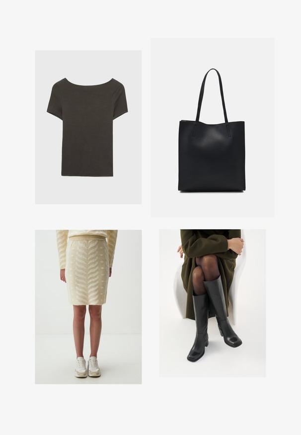 Czarna szara bluzka z krótkim rękawem i dekoltem w kształcie łódki. Wykonana z prążkowanej tkaniny, ma luźny krój i czyste wykończenie. Prosty design, bez wzorów.; Sukienka ołówkowa dzianinowa w jasnym kremowym kolorze z teksturowanym wzorem liści i kropek, o dopasowanej sylwetce i zaokrąglonym dole, w zestawieniu z białymi trampkami.; Kozaki skórzane do kolan w kolorze czarnym, z kwadratowym noskiem i słupkowym obcasem, pokazane na modelce siedzącej w oliwkowej zielonej kurtce. Gładka tekstura, minimalne detale.; Czarna skórzana torba tote o gładkiej fakturze, prostokątnym kształcie i dwóch długich uchwytach. Brak widocznych elementów metalowych i ozdób.