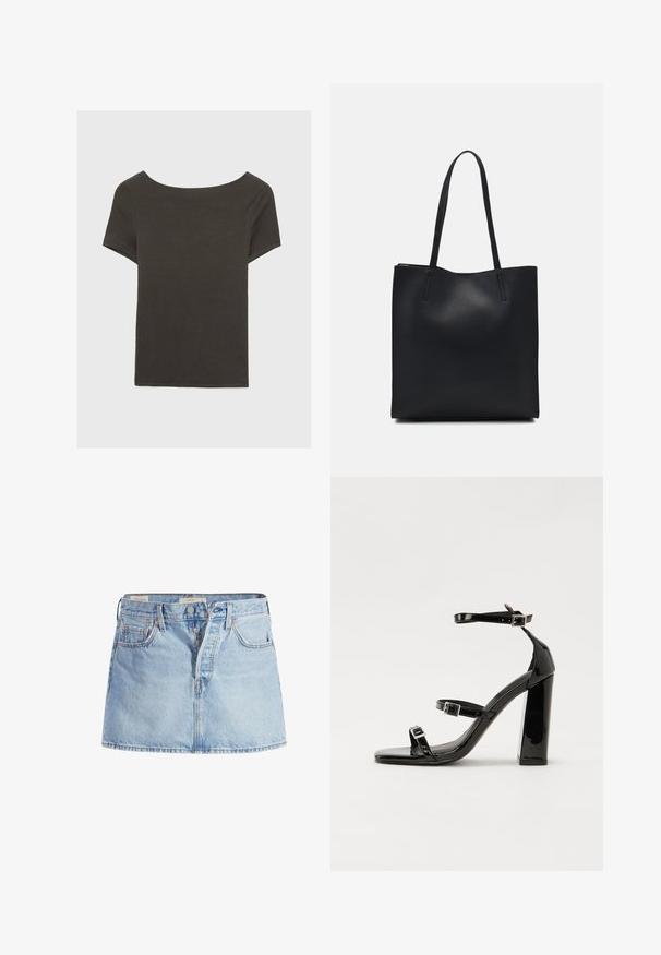 Dunkelgraues Kurzarmoberteil mit Bootsausschnitt. Hergestellt aus geripptem Stoff, mit lockerer Passform und sauberem Saum. Einfaches Design, ohne Muster.; Hellblauer Jeansrock mit tailliertem Bund, fünf Taschen, vorderem Knopfverschluss und leichter Ausbleichung im gesamten Stoff.; Schwarze patentierte Sandalen mit Absatz, quadratischer Spitze, Knöchelriemen und silbernen Schnallen. Mit einem stabilen Blockabsatz für mehr Stabilität.; Schwarze Laptoptasche aus Leder mit glatter Textur, rechteckiger Form und zwei langen Griffen. Keine sichtbaren Beschläge oder Verzierungen.