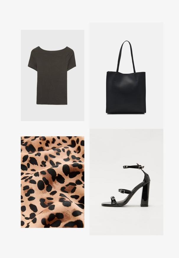 Tamno sivi kratki rukav s izrezom u obliku čamca. Izrađen od rebrastog materijala, s opuštenim krojem i ravnim rubom. Jednostavan dizajn, bez uzoraka.; Materijal s printom leoparda koji prikazuje velike crne točke na bež pozadini, s glatkom satenskom teksturom i tečnim izgledom.; Crne lakirane sandale na pete sa kvadratnim nosom, trakama oko gležnja i srebrnim kopčama. Imaju čvrst blok petu za stabilnost.; Crna kožna torba za nošenje s glatkom teksturom, pravokutnim oblikom i dvije duge ručke. Nema vidljivih metalnih dijelova ili ukrasa.