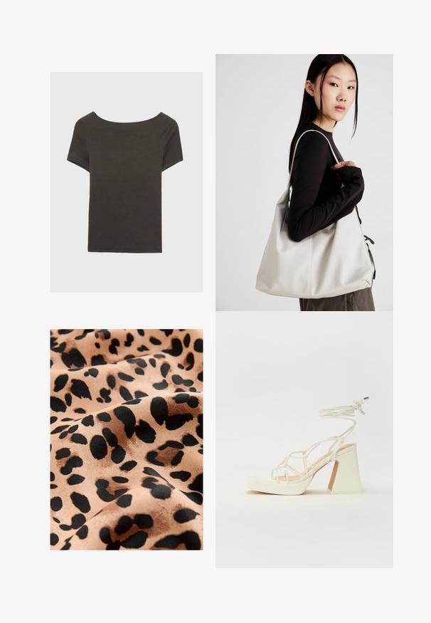 Haut à manches courtes gris foncé avec un col bateau. Fabriqué en tissu côtelé, il présente une coupe décontractée et un ourlet propre. Design simple, sans motifs.; Tissu imprimé léopard avec de grandes taches noires sur un fond beige, présentant une texture satinée lisse et une apparence fluide.; Sandale blanche à talons hauts avec un talon épais, présentant un design à lanières et un lien autour de la cheville. Texture lisse avec une plateforme à l'avant pour une hauteur supplémentaire.; Sac à main beige en matériau souple, avec un design décontracté, des détails cousus et deux poignées. Idéal pour un usage quotidien.