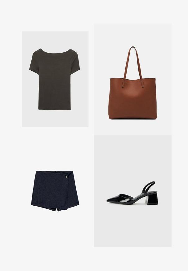 Top corto grigio scuro con scollatura a barca. Realizzato in tessuto a costine, presenta una vestibilità rilassata e un orlo pulito. Design semplice, senza motivi.; Shorts in denim scuro con design avvolgente e un bottone frontale decorativo. Presentano un orlo pulito e una texture liscia.; Décolleté in vernice nera con punta affusolata e tacco in geometria cubica. Presentano un design elegante e minimalista, con una texture liscia.; Borsa tote in pelle marrone con texture liscia, design con apertura superiore e due spallacci. Presenta cuciture minime e nessun hardware visibile.