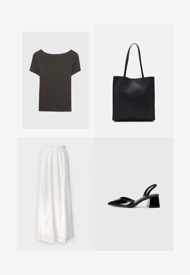 Tmavošedý top s krátkym rukávom a lodičkovým výstrihom. Vyrobený z rebrovanej látky, s voľným strihom a čistým lemovaním. Jednoduchý dizajn, bez vzorov.; Biely maxi sukňa vyrobená z texturovanej tkaniny s výrezovými vzormi, elastickým pásom a splývavým dizajnom.; Čierne lakované kožené sandálové podpätky s špicatou špičkou a geometrickým blokovým podpätkom. Disponujú elegantným, minimalistickým dizajnom a hladkým povrchom.; Čierna kožená taška na rameno s hladkým povrchom, obdĺžnikovým tvarom a dvoma dlhými uchami. Bez viditeľného kovania alebo ozdôb.