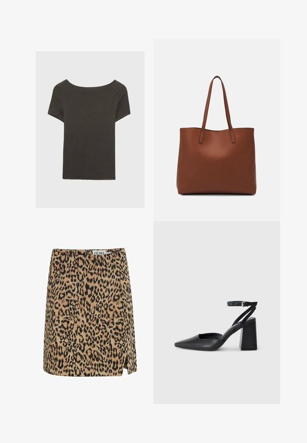 Tmavošedý top s krátkym rukávom a lodičkovým výstrihom. Vyrobený z rebrovanej látky, s voľným strihom a čistým lemovaním. Jednoduchý dizajn, bez vzorov.; Mini sukňa so vzorom leoparda vyrobená z jemnej látky, s béžovým základom a čiernymi škvrnami, bočným rozparkom a diskrétnym zipsom na zadnej strane.; Čierne kožené lodičky s špicatou špičkou a členkovým remienkom, s masívnym podpätkom. Hladký povrch, elegantný dizajn a minimalistická estetika.; Hnedá kožená taška na rameno s hladkou textúrou, otvoreným vrchom a dvoma ramenými popruhmi. Má minimálne šitia a žiadne viditeľné kovania.