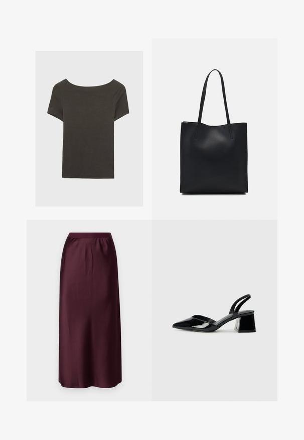 Temno siva kratka majica s čolnasto izrezom. Narejena iz rebraste tkanine, ki ima sproščen kroj in čist rob. Preprost dizajn, brez vzorcev.; Gina Tricot ELASTIC MIDI SKIRT - Dolgo krilo - wine; Črne lakirane slingback pete s koničastim nosom in geometrijsko blokasto peto. Imajo eleganten, minimalističen dizajn in gladko teksturo.; Črna usnjena torba s svilnato teksturo, pravokotne oblike in dvema dolgima ročajema. Brez vidnih metalnih delov ali okrasnih elementov.